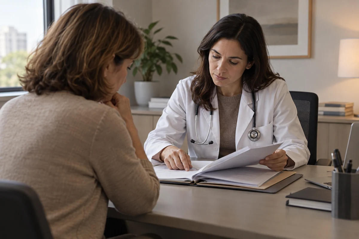 Médica e paciente revisam documentos durante uma consulta
