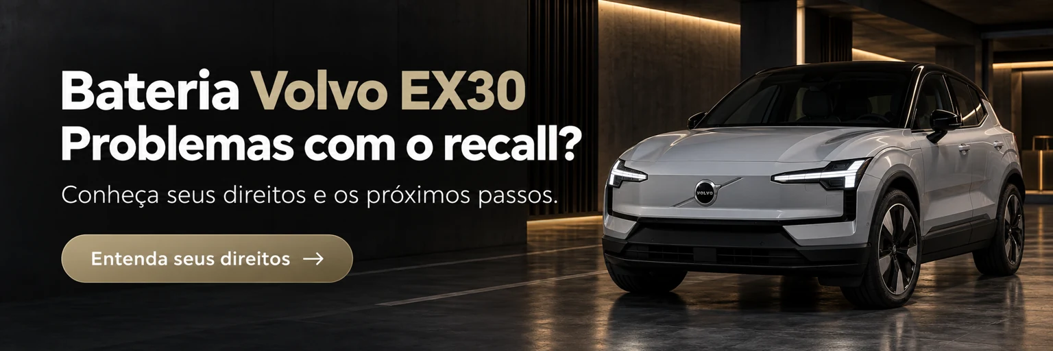 Bateria Volvo EX30: veículo prateado e convite para entender seus direitos