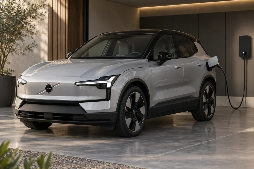 Bateria Volvo EX30: veículo elétrico prateado conectado a um carregador