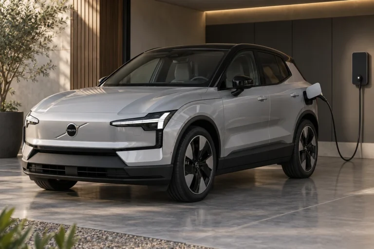 Bateria Volvo EX30: veículo elétrico prateado conectado a um carregador