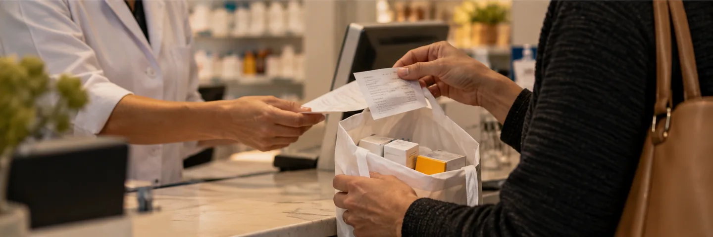 Pessoa recebe comprovante de compra de medicamentos em uma farmácia, ilustrando a importância de guardar documentos para análise de reembolso