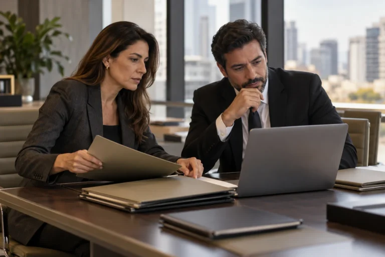 Imagem ilustrativa de empresária e advogado analisando documentos de uma ação trabalhista