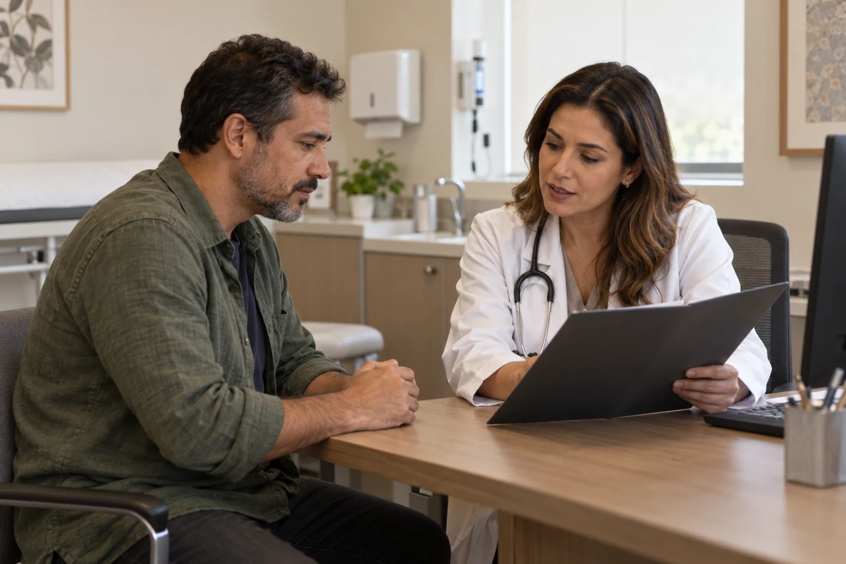 Paciente conversa com médica sobre documentos do tratamento em consultório