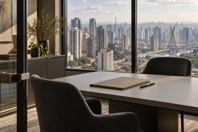 Cena ilustrativa de sala de reunião com documentos e paisagem urbana de São Paulo, sem retratar as instalações reais do escritório