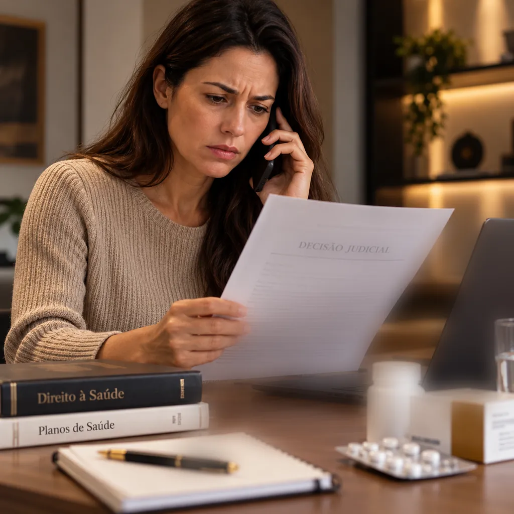 Pessoa em casa analisando documentos de atendimento e conversando ao telefone sobre pendência do plano de saúde