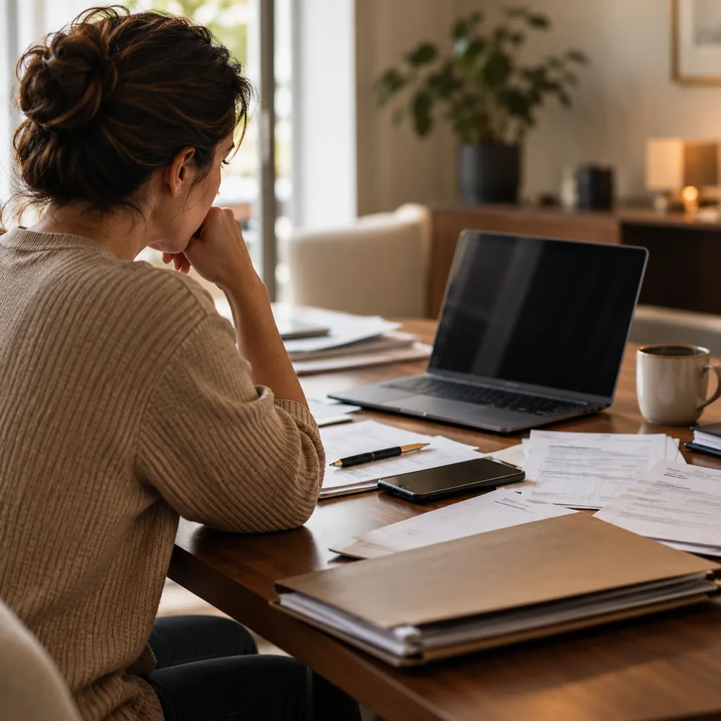 Pessoa analisando documentos de saúde e atendimento em mesa de trabalho