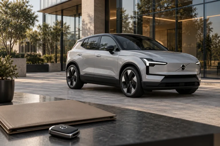 Recall Volvo EX30: veículo prateado junto a uma pasta e chave de automóvel