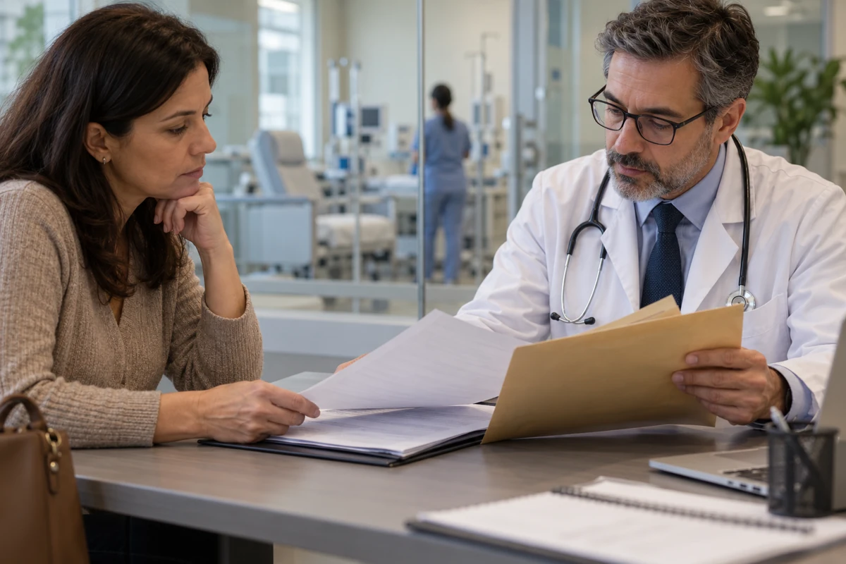 Paciente e médico conferem documentos de um pedido de tratamento em consulta hospitalar