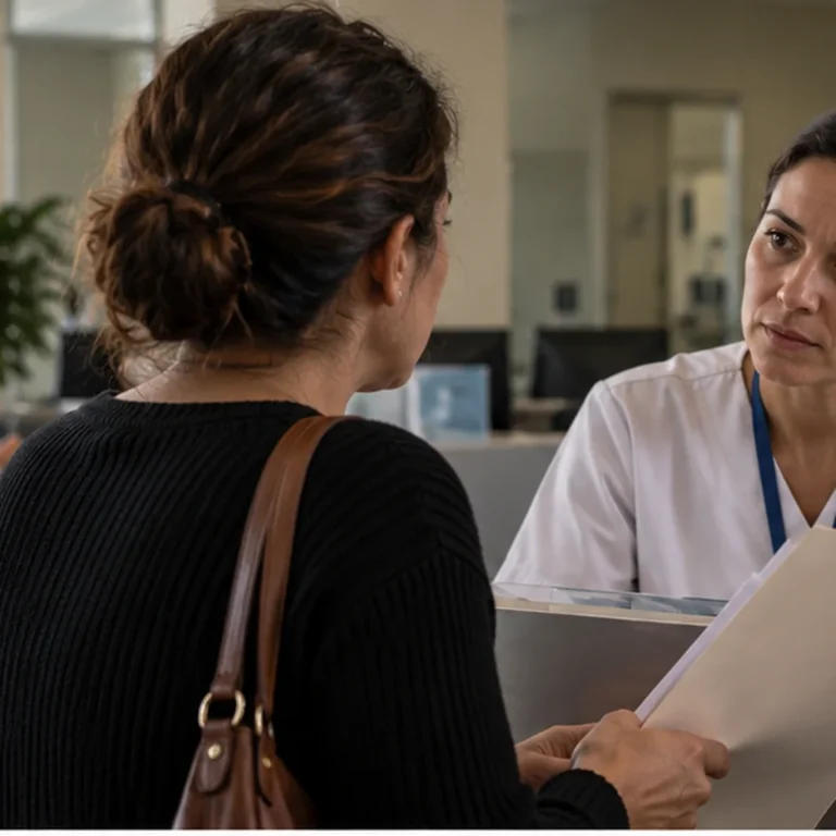 Pessoa em unidade de saúde apresenta documentos para solicitar medicamento, em cena ilustrativa